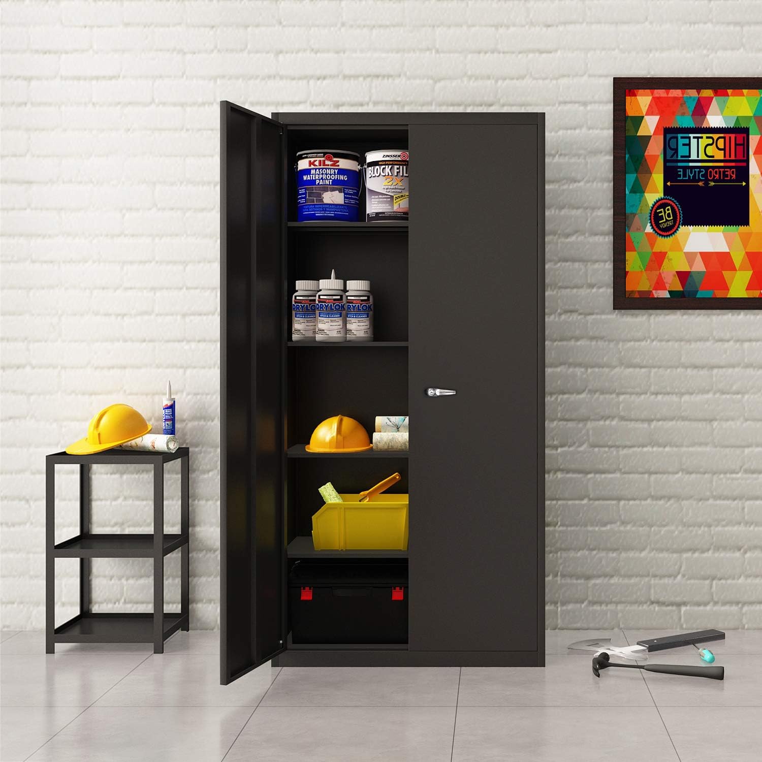 Black Metal Storage Cabinet with Locking Doors and 4 Adjustable Shelves E854