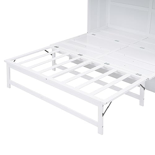 White Queen Size Wood Murphy Bed with Bookcase R27124