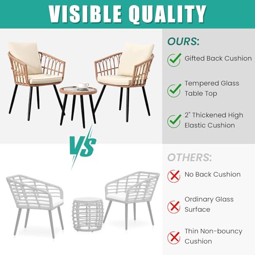 Beige 3 Piece Outdoor Wicker Bistro Set with Cushions A7498