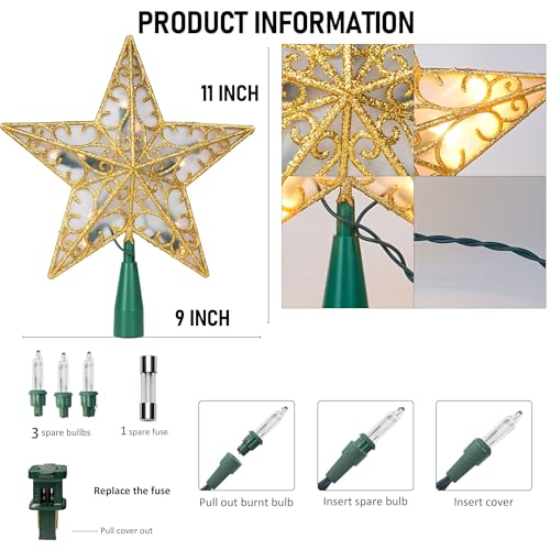 Gold Glitter Star Tree Topper with 10 Lights E237274