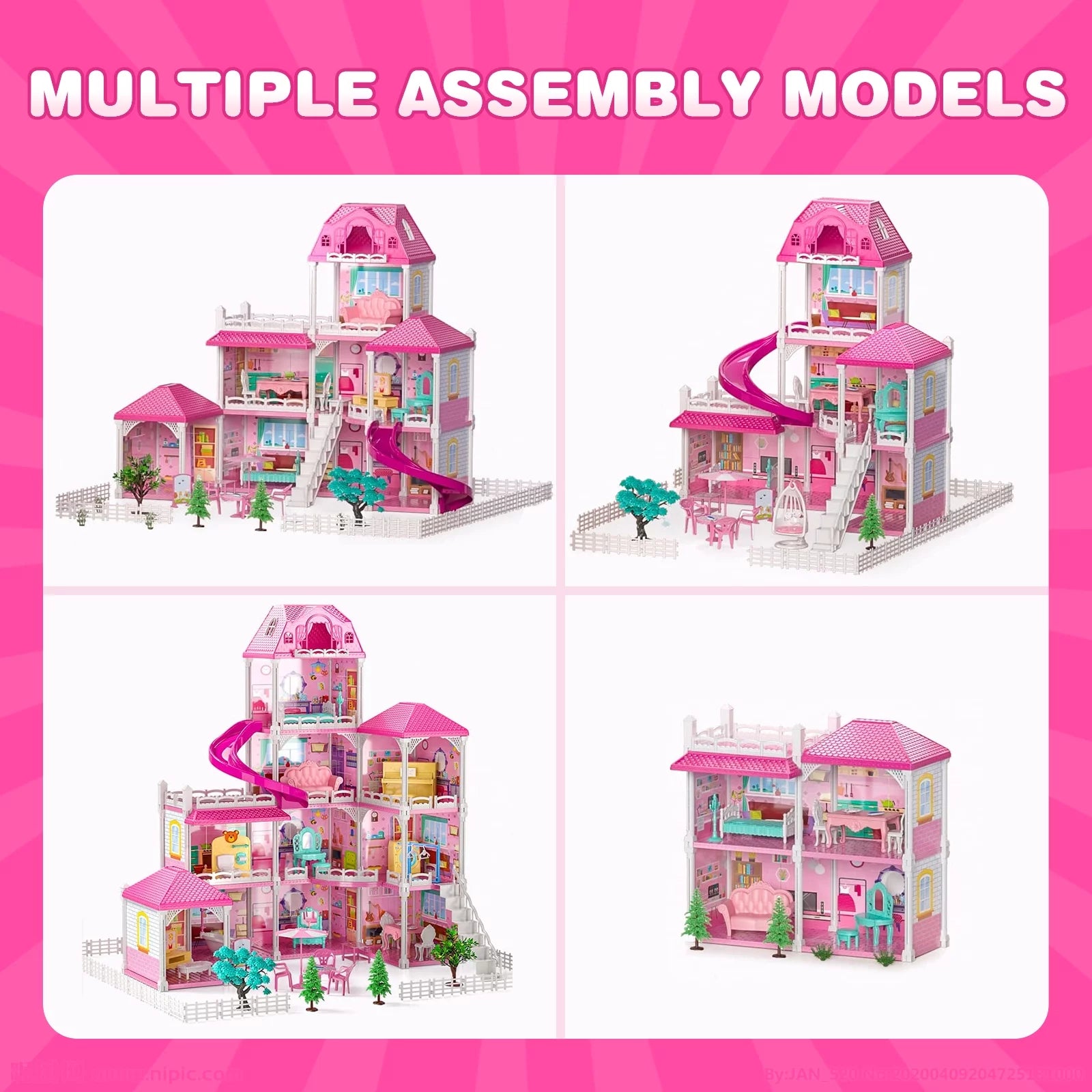 4 Stories 12 Rooms Dollhouse with 2 Princesses Slide Accessories L1679
