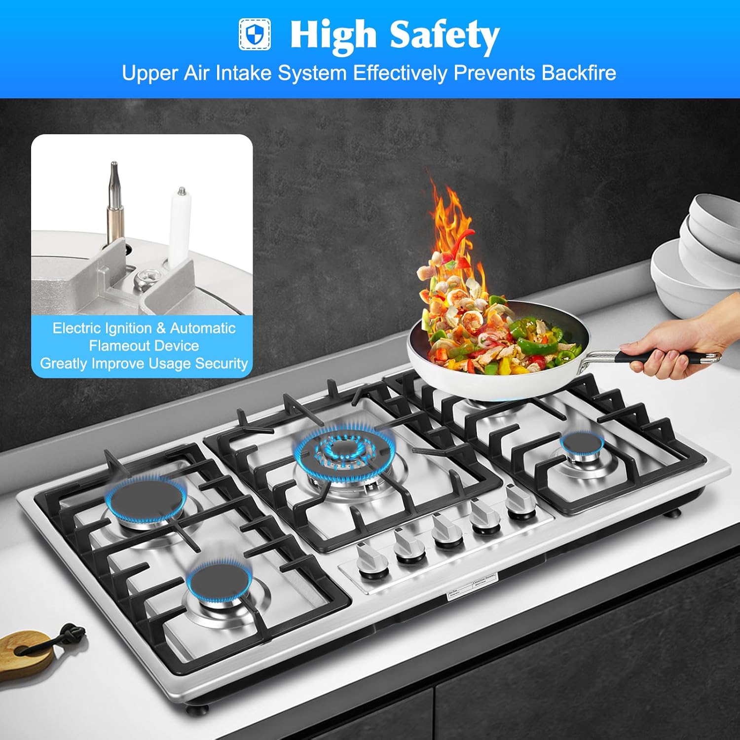 34 inch 5 Burners Built-in Stainless Steel Gas Cooktop L1026