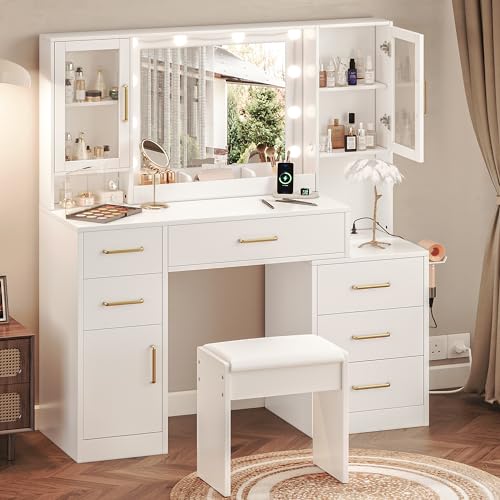 White Makeup Vanity Desk with Mirror & Lights and 5 Drawers D284257