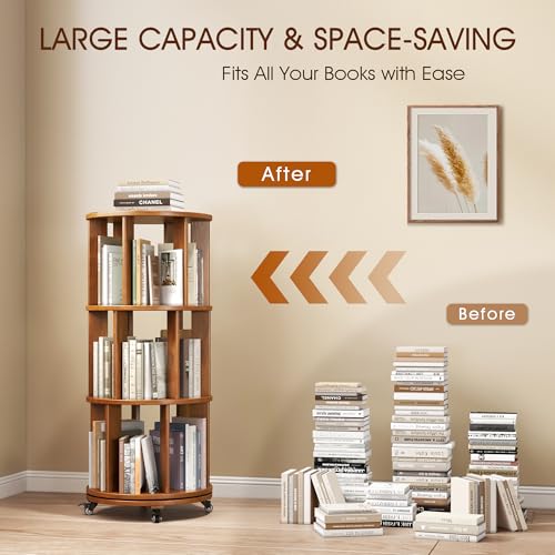 Walnut Solid Wood Rotating Bookshelf with Swivel Wheels O37649