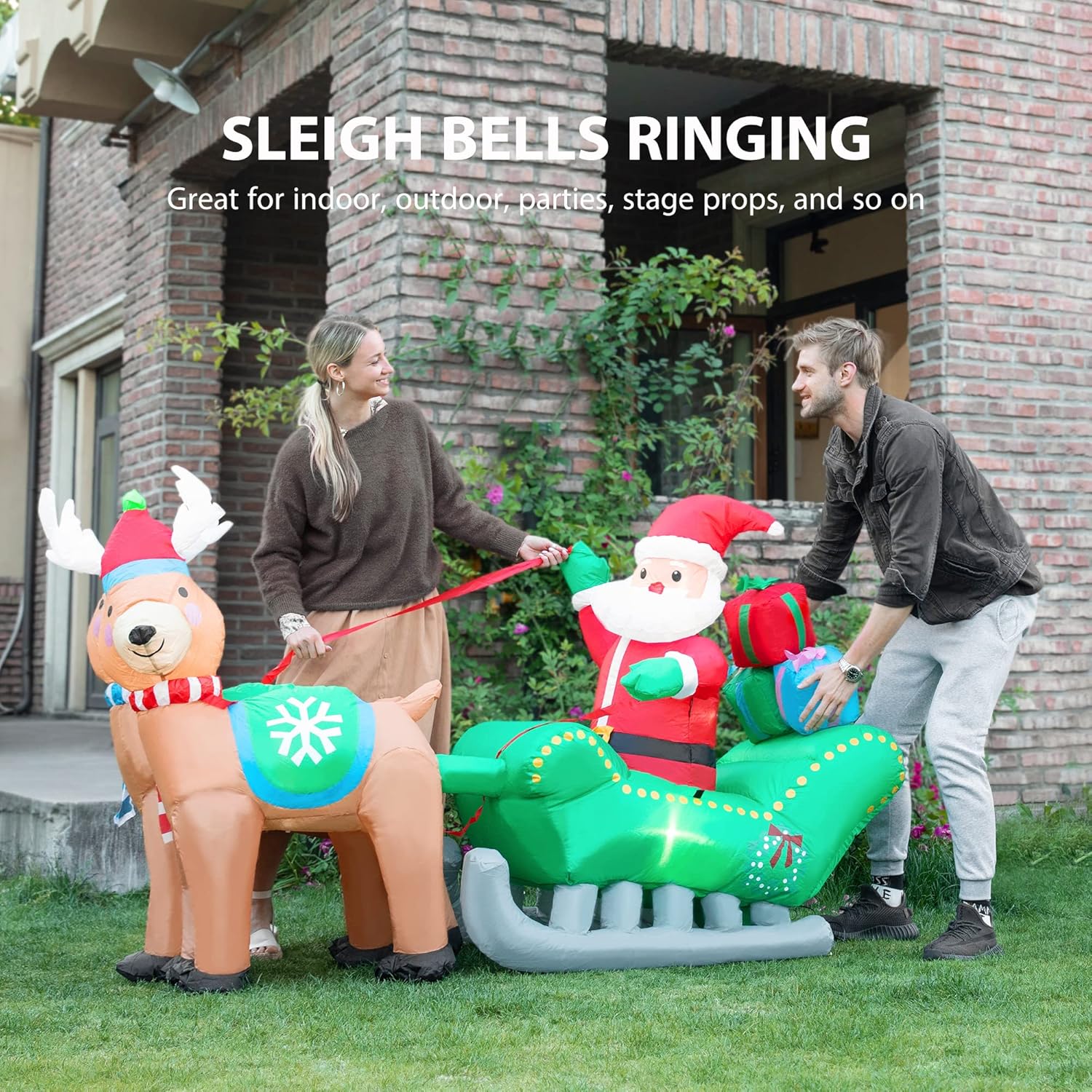 6.9ft Long Christmas Inflatable LED Lighted Santa on Green Sleigh with Reindeers and Gift Boxes Blow up Outdoor Yard Decoration M89584