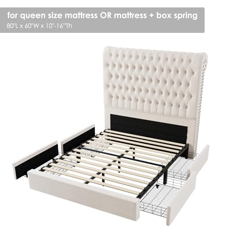 Beige Velvet Upholstered King Size Bed Frame with 4 Under-bed Storage Drawers R343201