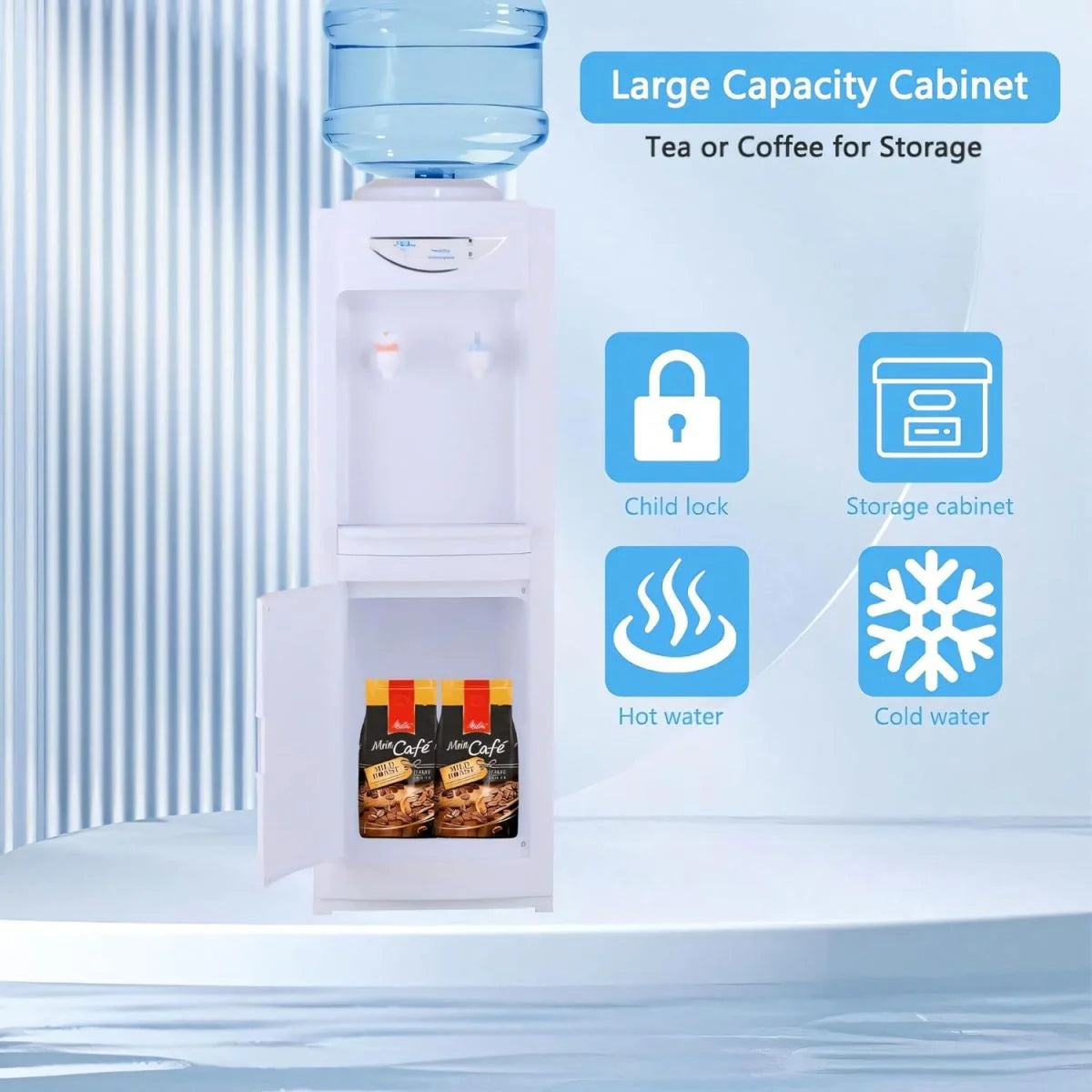 White Top Loading Hot and Cold Water Cooler Dispenser with Storage Cabinet & Child Safety Lock M36168