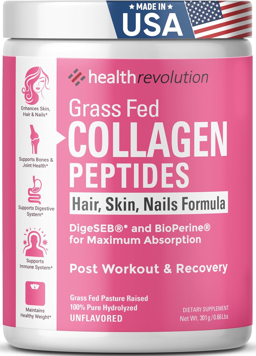 Hydrolyzed Collagen Peptides Powder, Grass-Fed, Types I & III, Unflavored, 35 Servings A511