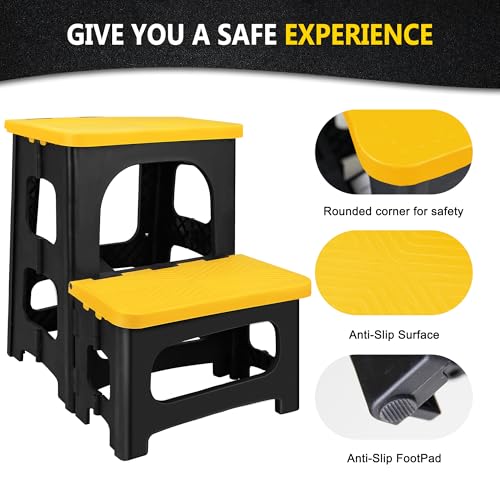 Folding 2-Step Stool, Non-Slip Portable Footstool 8" & 17" Dual Heights, Holds 300 lbs (Yellow) J4065
