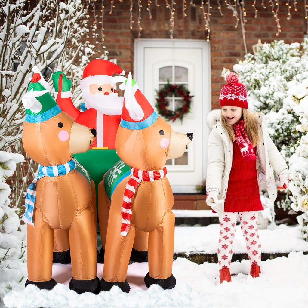 6.9ft Long Christmas Inflatable LED Lighted Santa on Green Sleigh with Reindeers and Gift Boxes Blow up Outdoor Yard Decoration M89584
