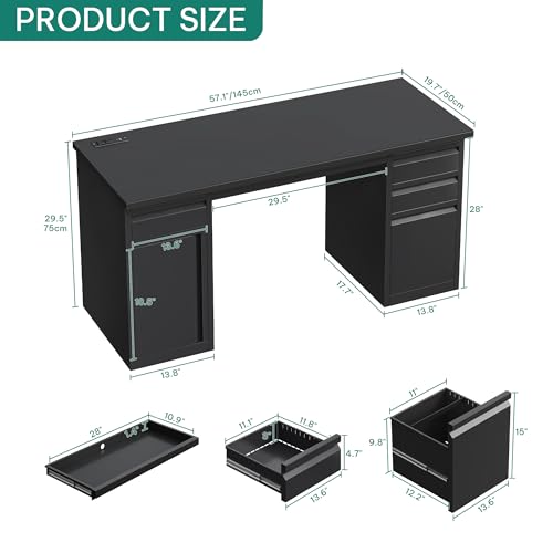 Black 57 Inch Steel Office Desk with 5 Drawers F2109