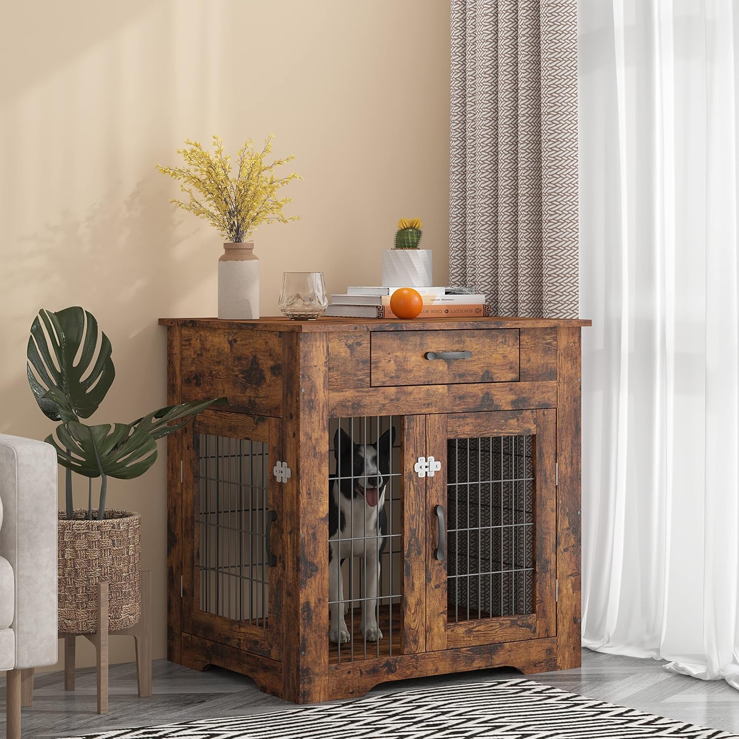 Rustic Brown Dog Crate End Table with Drawer, Double Doors, 29.92in W x 24.8in D x 30.71in H C562