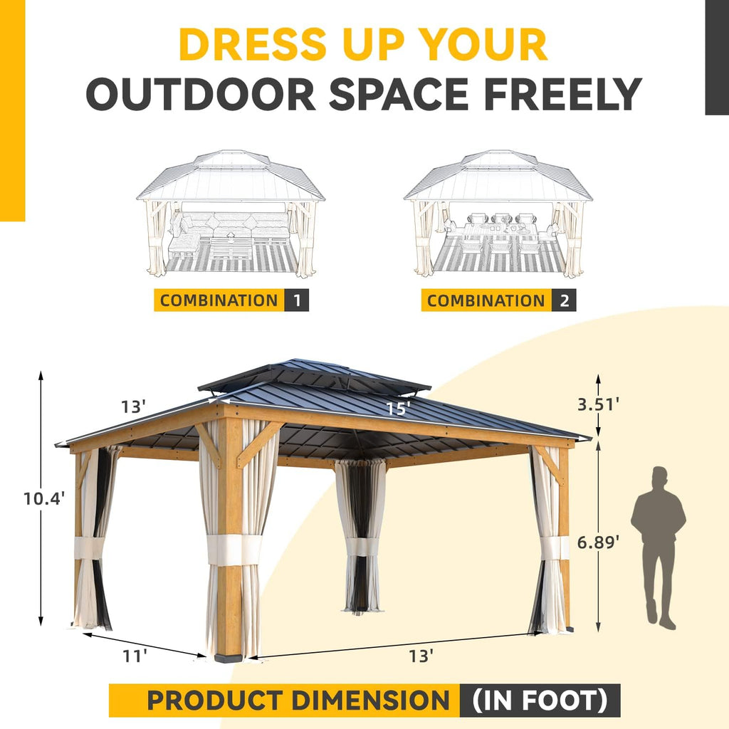 13'x15' Wood Gazebo with Netting and Curtains B3676