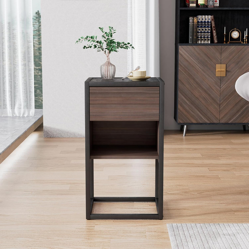 Brown+Light Gray Wood Side Table with Storage Drawer U63674