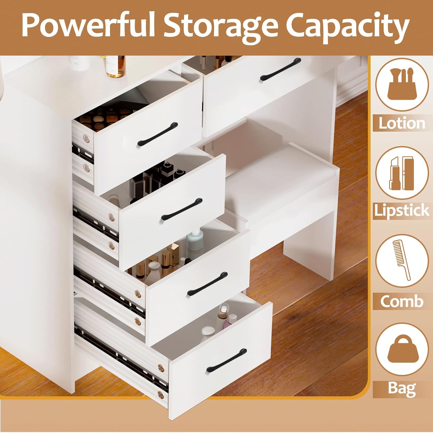 Makeup Vanity Set with 6 Drawers and Lighted Mirror, Brightness Adjustable, with Chair Z9301