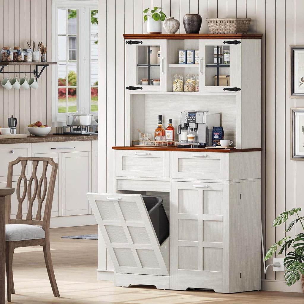 White Oak Tall Kitchen Pantry Cabinet with Trash Can P245454
