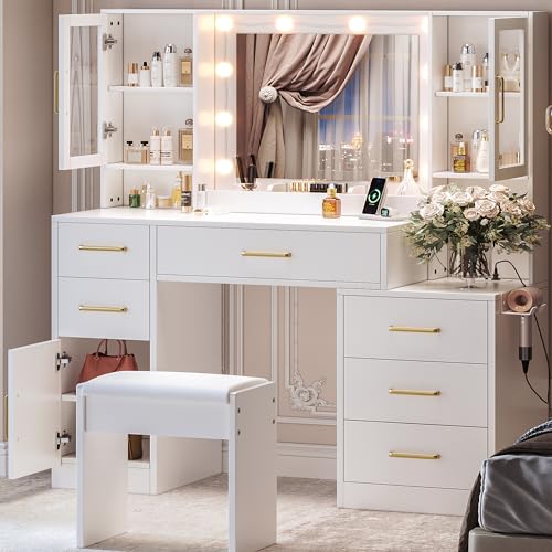 White Makeup Vanity Desk with Mirror & Lights and 5 Drawers D284257