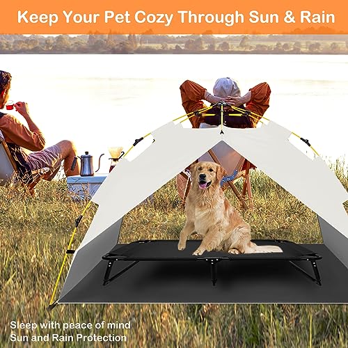 Raised Dog Bed Cot with Canopy Shade Tent & Bolster, Portable Chew-Resistance Cooling Pet Bed H71816