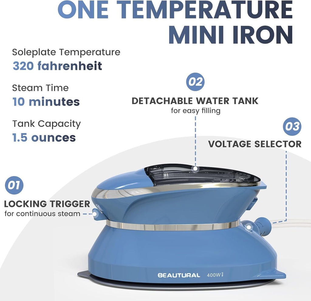 Mini Travel Steam Iron with Dual Voltage, Non-Stick Soleplate, Detachable Water Tank E7956