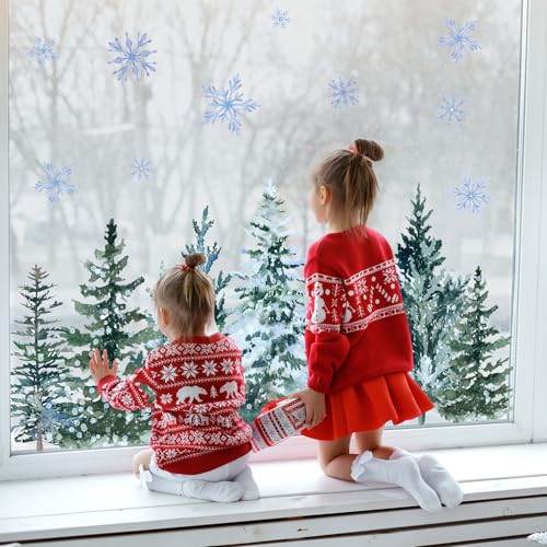 9 Sheet Christmas Window Clings Snowy Forest Trees Double-Sided Reusable Winter Window Decals D829822