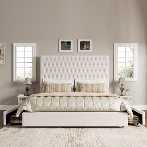 Beige Velvet Upholstered King Size Bed Frame with 4 Under-bed Storage Drawers R343201
