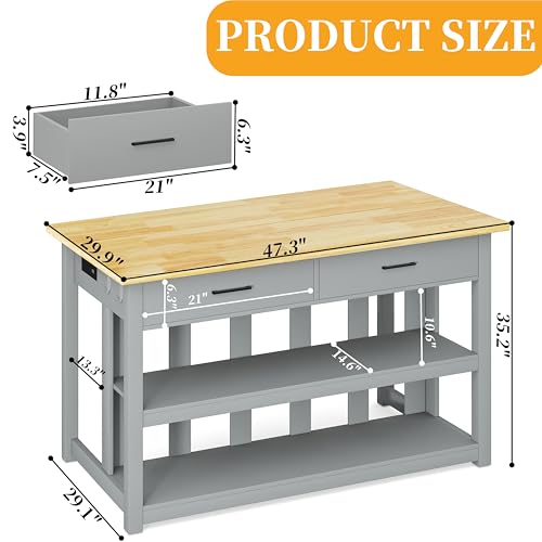 Solid Rubberwood Kitchen Island with Power Outlets, 2 Drawers & Open Shelves (Grey) J869