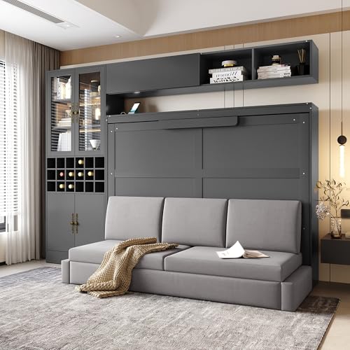 Grey Queen Size Murphy Bed with Sofa and Shelves A256126