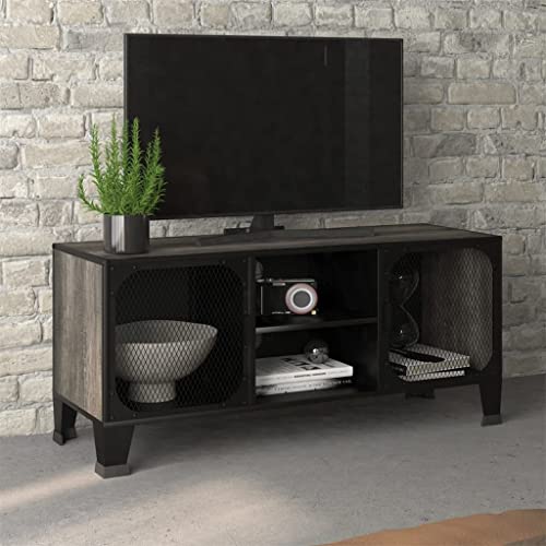 Gray Metal and MDF TV Stand with Mesh Doors and Shelf O4141