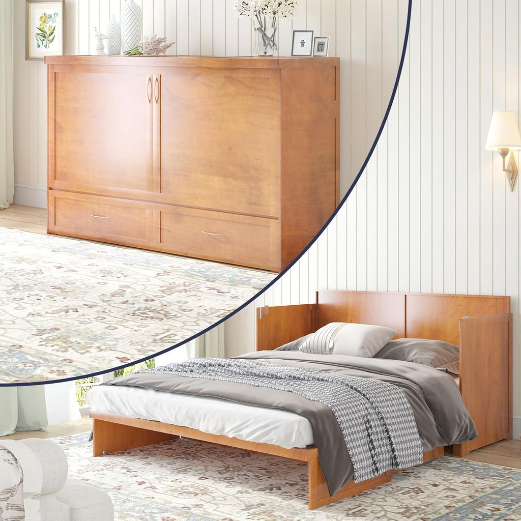 Cherry Murphy Cabinet Bed with Built-in USB Power Strip & 2 Drawers Z938173