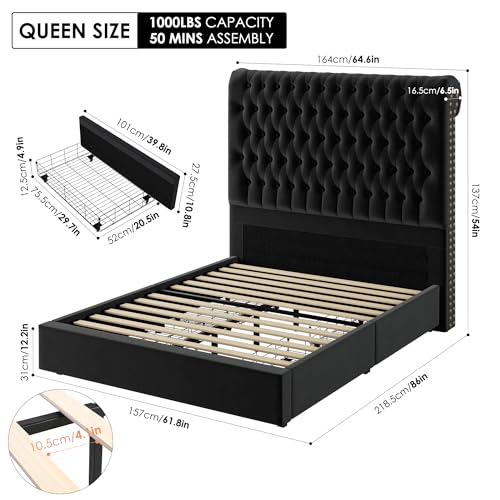 Beige Velvet Upholstered King Size Bed Frame with 4 Under-bed Storage Drawers R343201