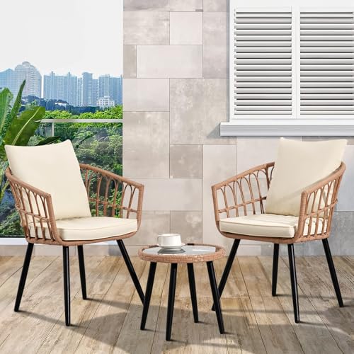 Beige 3 Piece Outdoor Wicker Bistro Set with Cushions A7498