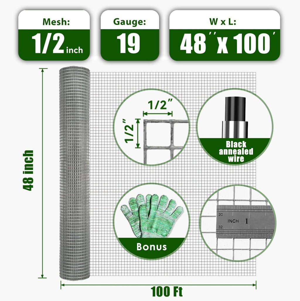 1/2 inch 48 x 100 Ft 19 Gauge Hot Dipped Galvanized Wire Mesh B304