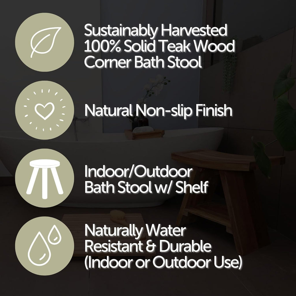Teak Wood Shower Bench 17.7" Natural Finish Curved Seat R360874