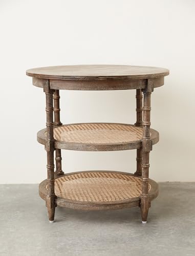 Round Mango Wood Table with 2 Cane Shelves P715642