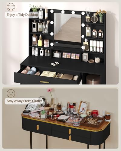 Black Vanity Desk with Mirror and 10 LED Lights T498