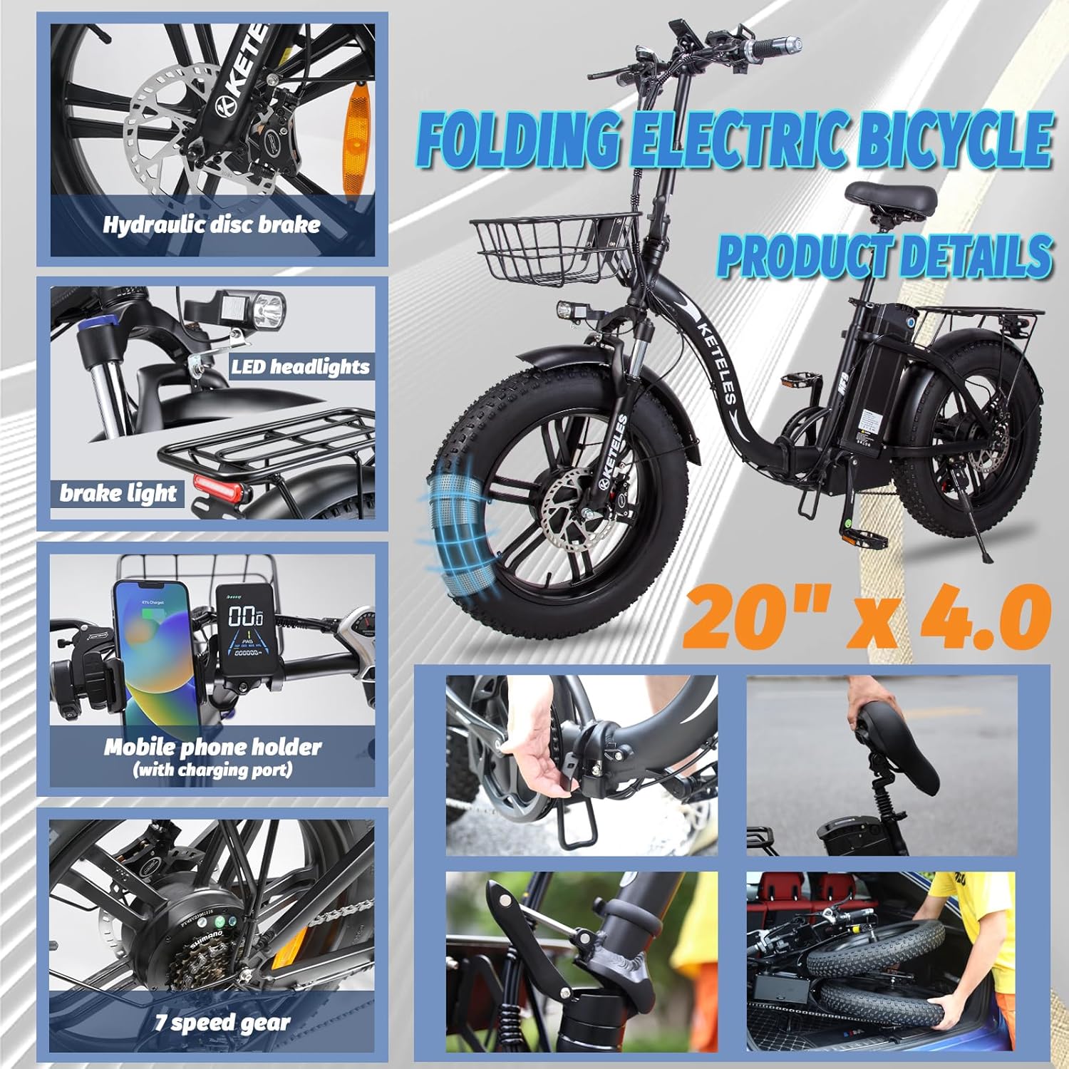 2000W Folding Electric Bike with 48V 23AH Removable Battery 20''x 4.0 Fat Tire A298