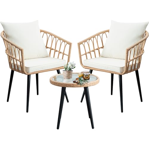 Beige 3 Piece Outdoor Wicker Bistro Set with Cushions A7498