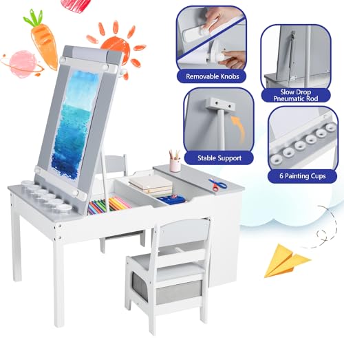 3 in 1 Wood Kids Art Table & Easel Chair Set with 6 Storage Bins D701071
