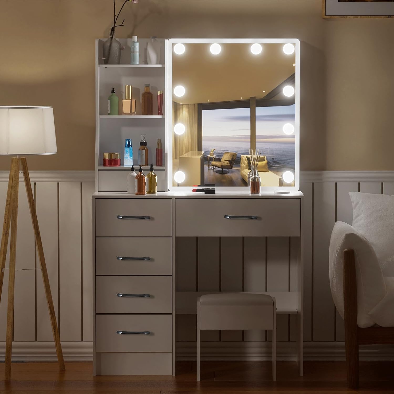 Makeup Vanity Set with 6 Drawers and Lighted Mirror, Brightness Adjustable, with Chair Z9301