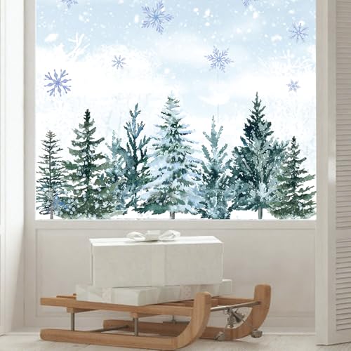 9 Sheet Christmas Window Clings Snowy Forest Trees Double-Sided Reusable Winter Window Decals D829822