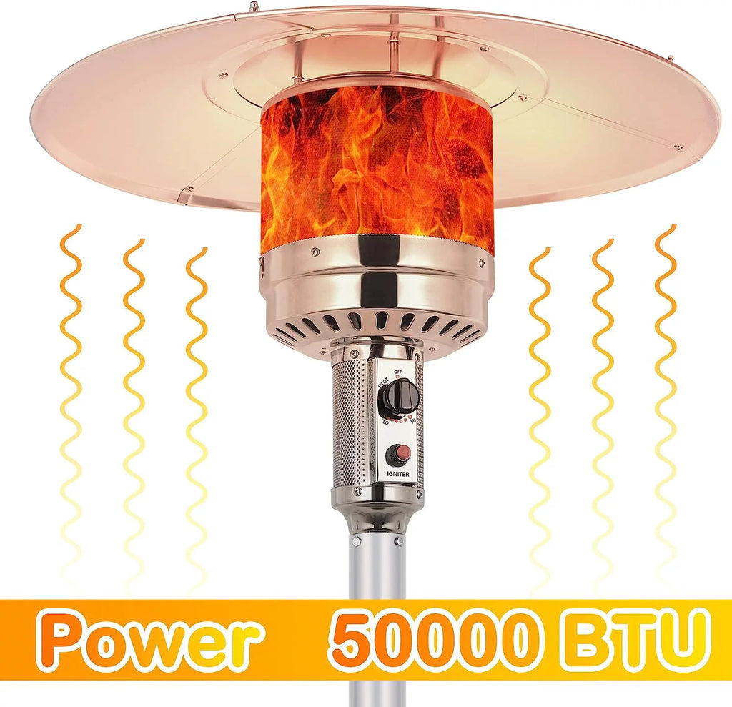50,000 BTU Propane Patio Heater with Reflector, Stainless Steel Burner, Wheels, Silver P937