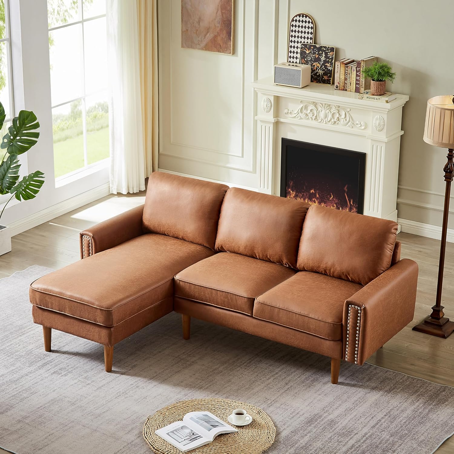 Brown L-Shape Sofa Couch with Suede Fabric H9648