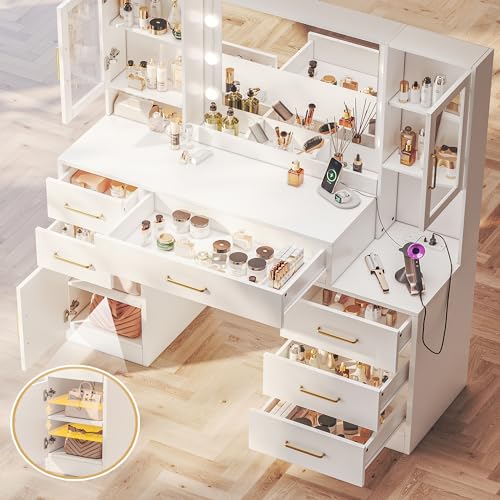 White Makeup Vanity Desk with Mirror & Lights and 5 Drawers D284257