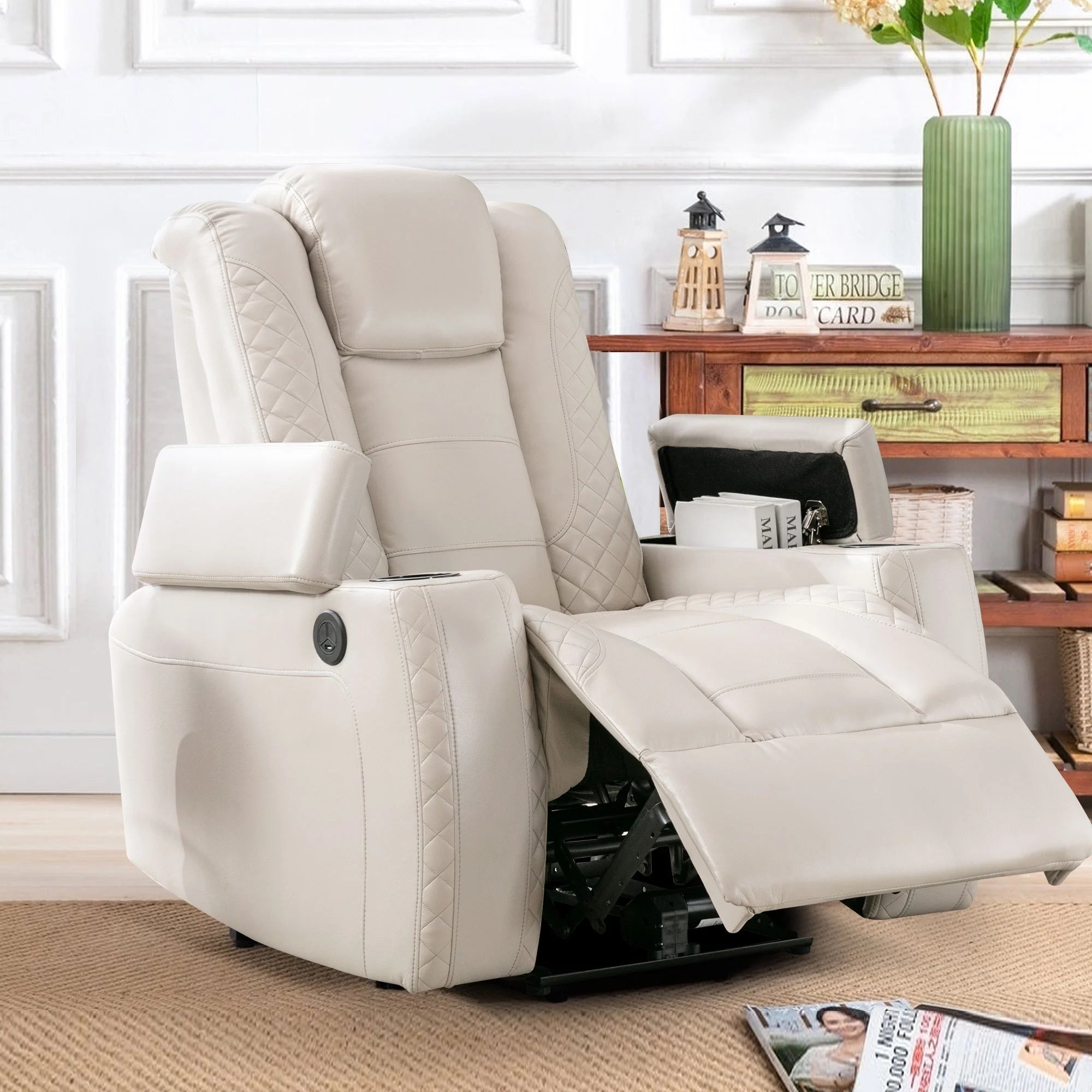 Power Recliner Chair with Cup Holders and Hidden Arm Storage Leather I358185