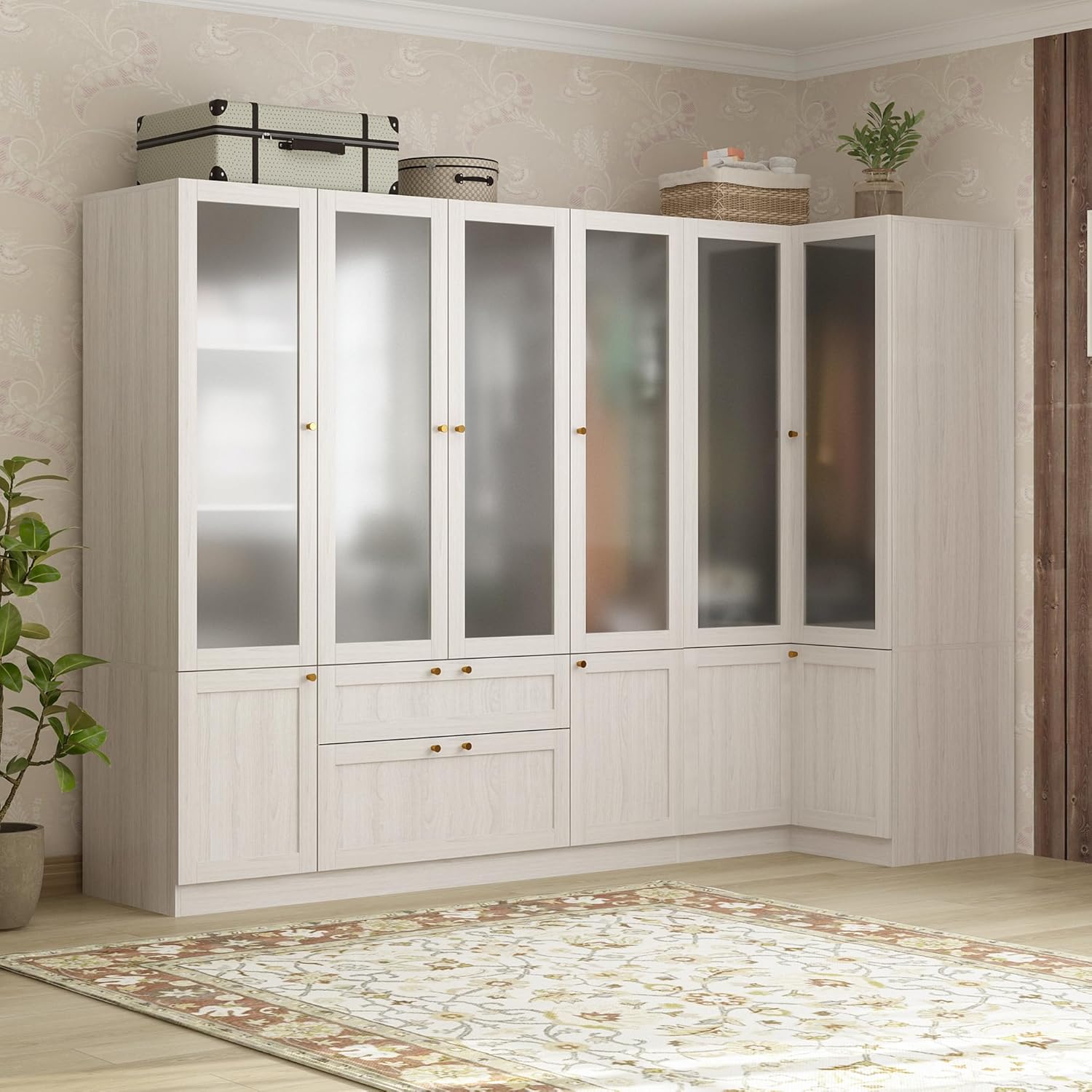 98.4" L Warm Grey 6 Door Wooden Armoire Wardrobe Closet Q49386