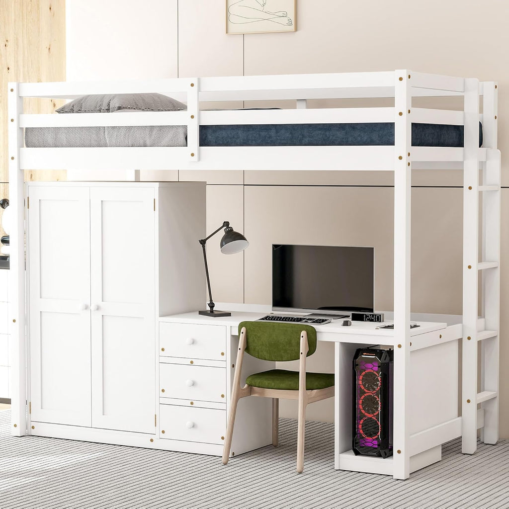 White Twin Wood Loft Bed with Wardrobe Desk and Storage Drawers F87343