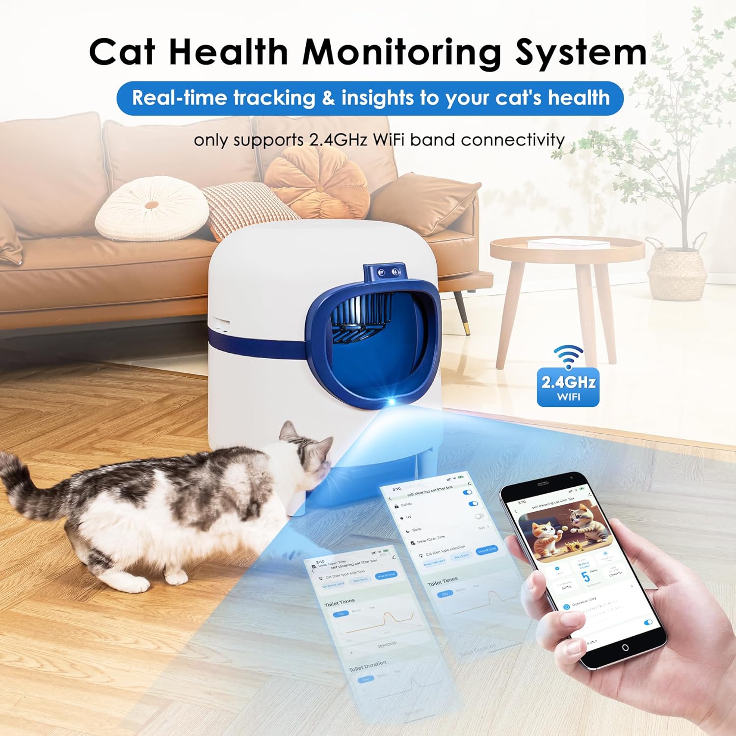White & Blue Self Cleaning Automatic Cat Litter Box with 2 Rolls Garbage Bags D1709