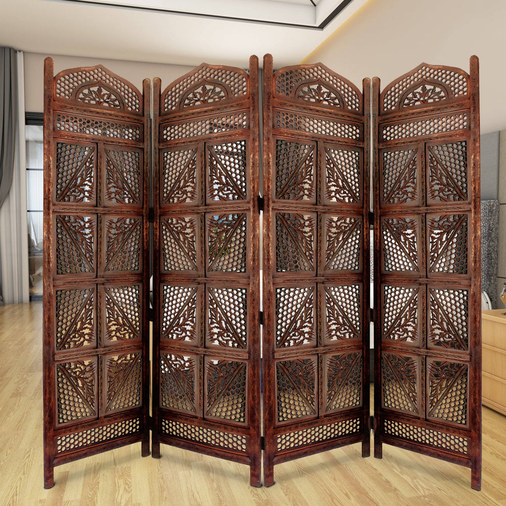 Antique Brown Four Panel Wooden Room Divider R6618