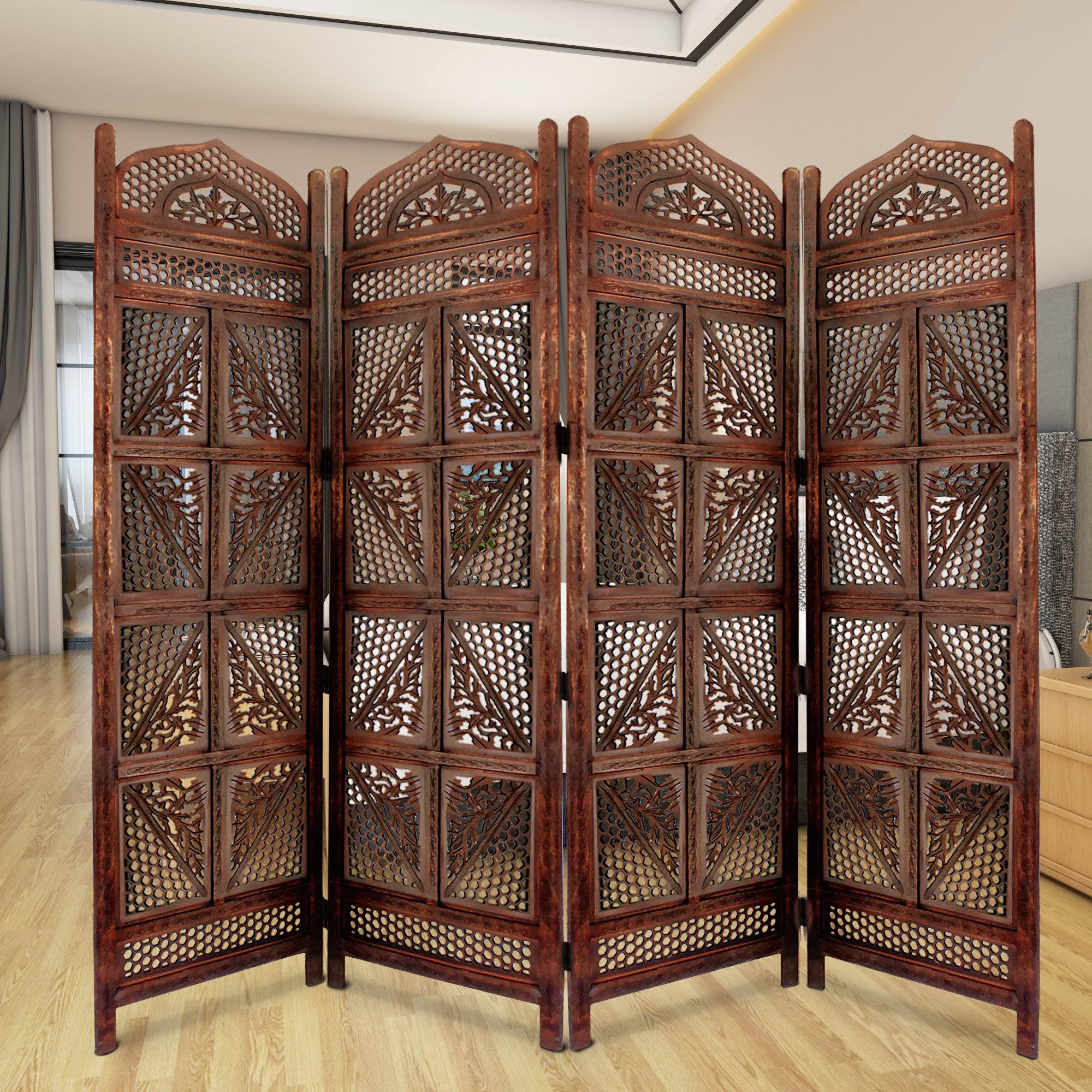 Antique Brown Four Panel Wooden Room Divider R6618