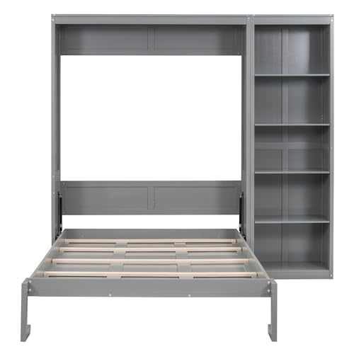 Full Murphy Bed with Storage Bookcase Shelves, Wood Folding Grey Wall Bed Cabinet B589